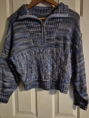 Aqua Blue Marled Cable Knit Half-Zip Turtleneck Sweater